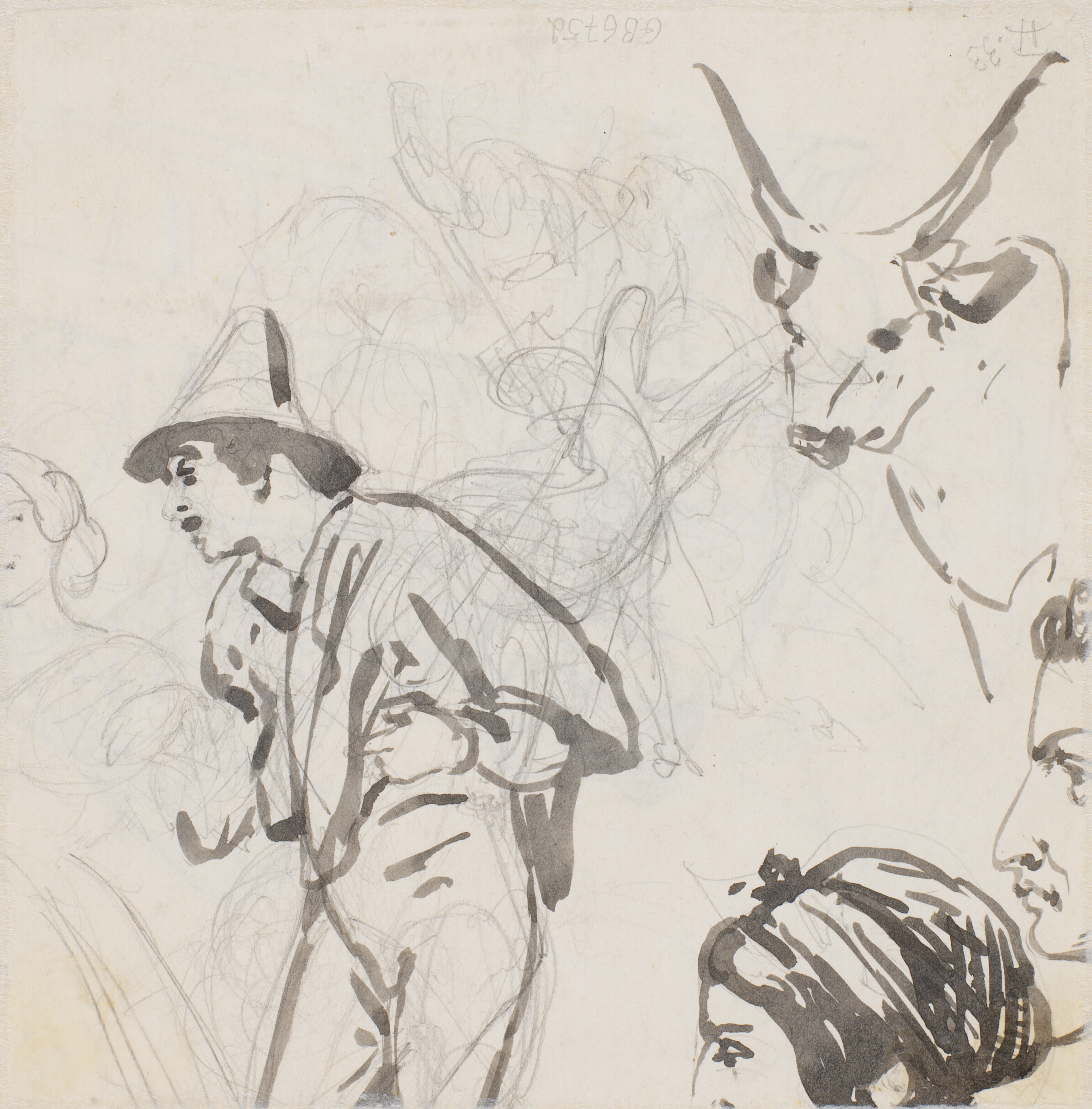 Penselstudier af okse, hyrde, hoveder samt blyantskrads